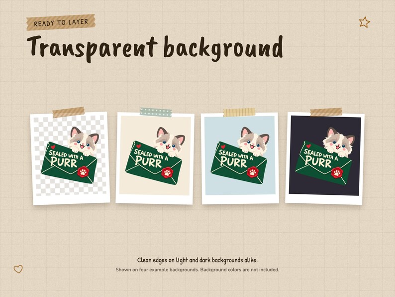 Design 01 Sealed with a Purr on a checkerboard and on cream, pale blue and charcoal backgrounds, showing the transparent PNG background. Clean edges on light and dark backgrounds alike. Background colors are not included.