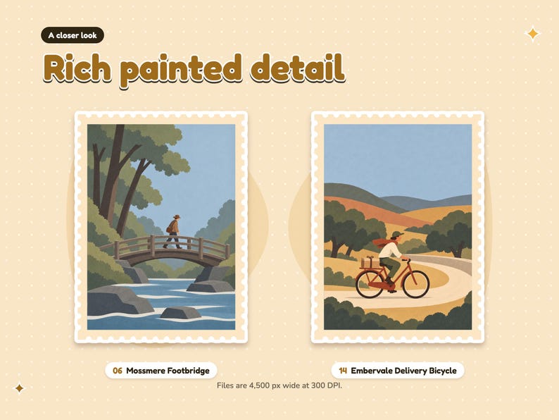 A closer look at two illustrations shown large: 06 Mossmere Footbridge and 14 Embervale Delivery Bicycle. Files are 4,500 px wide at 300 DPI.