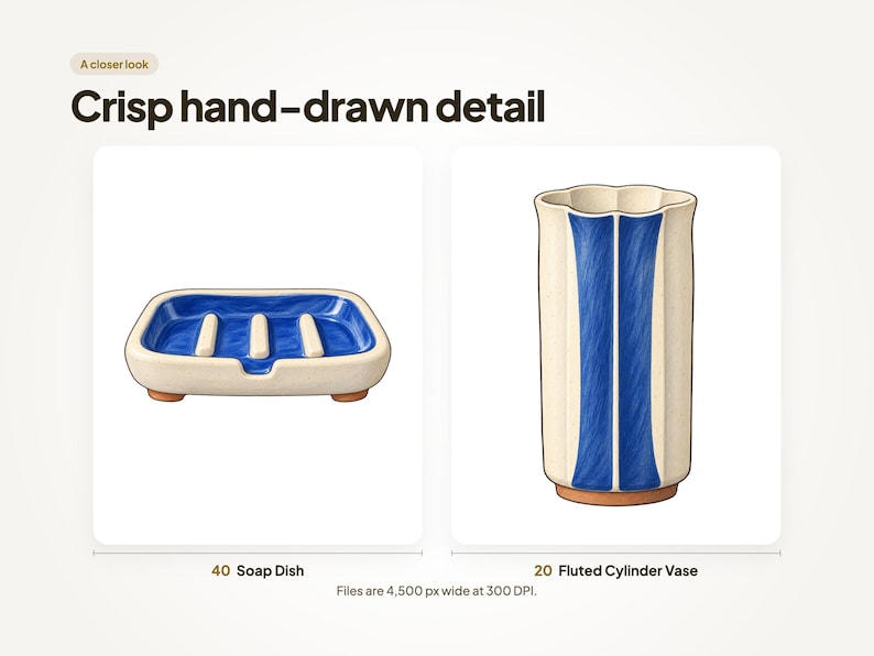 A closer look at two illustrations shown large: 40 Soap Dish and 20 Fluted Cylinder Vase. Files are 4,500 px wide at 300 DPI.