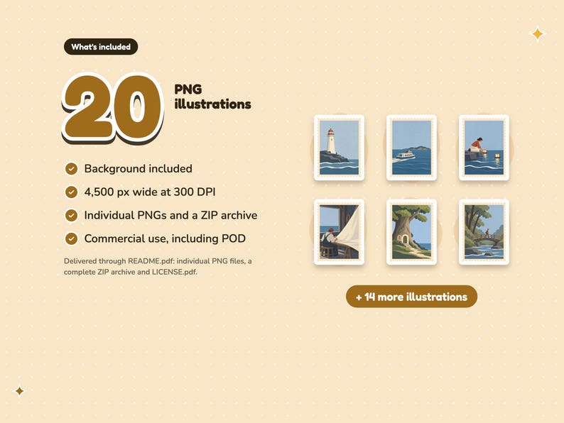 What's included: 20 PNG illustrations. Background included, 4,500 px wide at 300 DPI, individual PNGs and a ZIP archive, commercial use, including POD. Previews of the first 6 illustrations, with 14 more in the set.