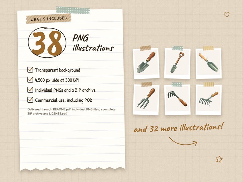 What's included: 38 PNG illustrations. Transparent background, 4,500 px wide at 300 DPI, individual PNGs and a ZIP archive, commercial use, including POD. Previews of the first 6 illustrations, with 32 more in the set.