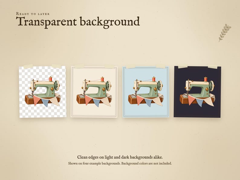 Illustration 01 Sewing Machine Bunting on a checkerboard and on cream, pale blue and charcoal backgrounds, showing the transparent PNG background. Clean edges on light and dark backgrounds alike. Background colors are not included.