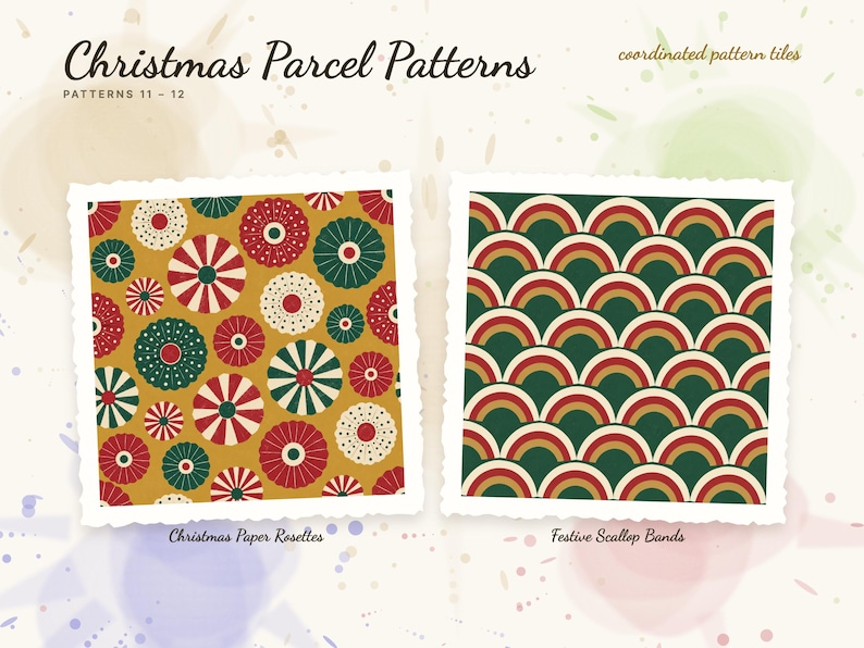 Patterns 11 to 12 of 12 from the Christmas Parcel Patterns set: 11 Christmas Paper Rosettes and 12 Festive Scallop Bands.