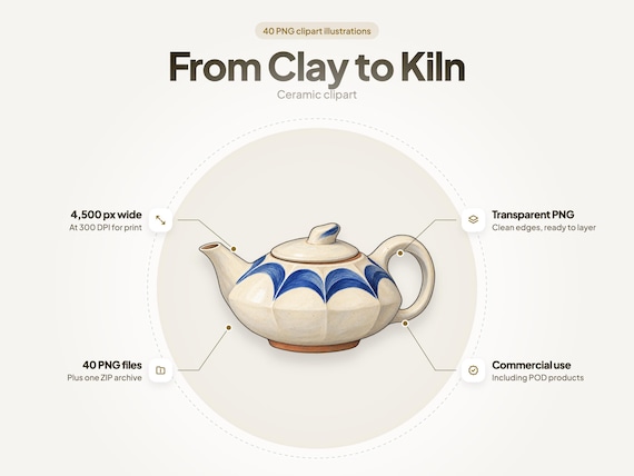 From Clay to Kiln: Pottery Clipart Bundle: 40 Transparent Ceramic PNGs, Teapots, Vases, Mugs and Bowls
