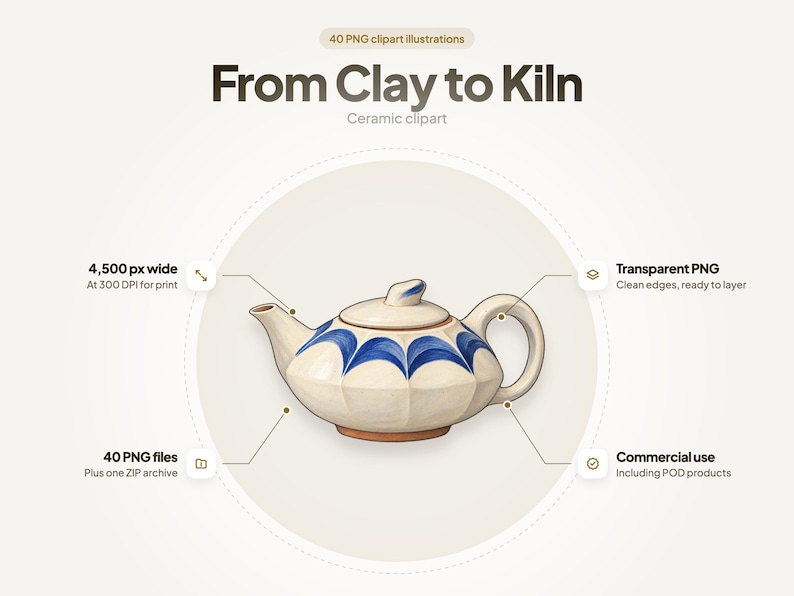 From Clay to Kiln cover: 40 PNG clipart illustrations, ceramic clipart, with one of the illustrations in the spotlight and callouts for its size, file count, background and license. Transparent PNG, commercial use.