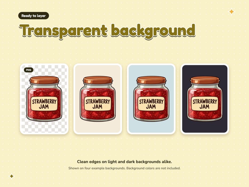 Illustration 01 Strawberry Jam on a checkerboard and on cream, pale blue and charcoal backgrounds, showing the transparent PNG background. Clean edges on light and dark backgrounds alike. Background colors are not included.