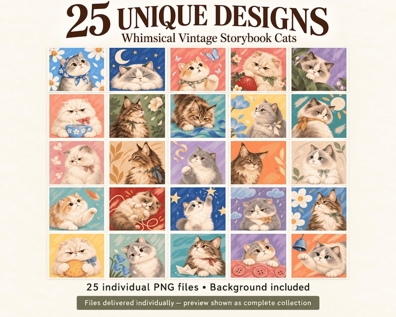 Grid preview of all 25 vintage storybook cat illustrations, each supplied as an individual PNG with a painted background.