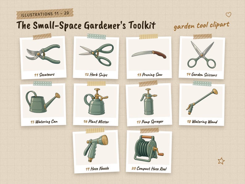 Illustrations 11 to 20 of 38 from the The Small-Space Gardener's Toolkit set: 11 Secateurs, 12 Herb Snips, 13 Pruning Saw, 14 Garden Scissors, 15 Watering Can, 16 Plant Mister, 17 Pump Sprayer, 18 Watering Wand, 19 Hose Nozzle and 1 more.