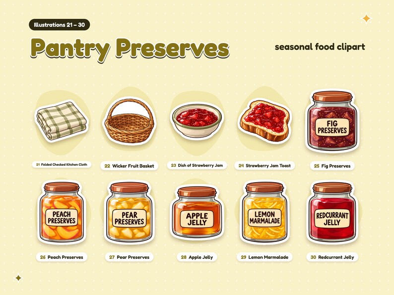 Illustrations 21 to 30 of 40 from the Pantry Preserves set: 21 Folded Checked Kitchen Cloth, 22 Wicker Fruit Basket, 23 Dish of Strawberry Jam, 24 Strawberry Jam Toast, 25 Fig Preserves, 26 Peach Preserves, 27 Pear Preserves and 3 more.