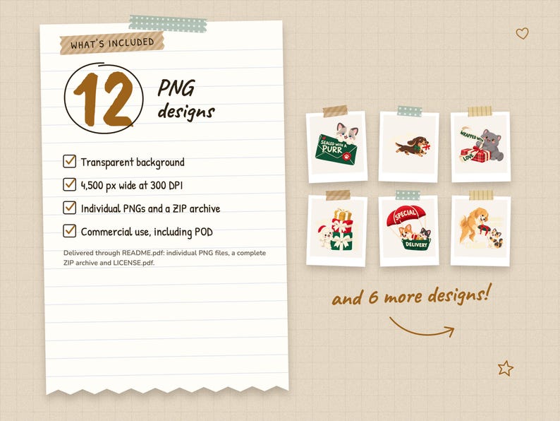 What's included: 12 PNG designs. Transparent background, 4,500 px wide at 300 DPI, individual PNGs and a ZIP archive, commercial use, including POD. Previews of the first 6 designs, with 6 more in the set.
