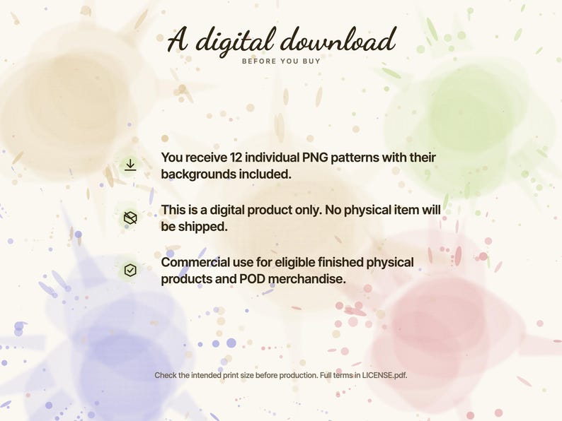 Digital download notice. You receive 12 individual PNG patterns with their backgrounds included. This is a digital product only. No physical item will be shipped. Commercial use for eligible finished physical products and POD merchandise.