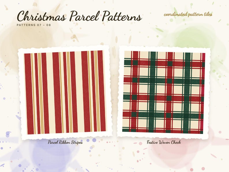 Patterns 07 to 08 of 12 from the Christmas Parcel Patterns set: 07 Parcel Ribbon Stripes and 08 Festive Woven Check.