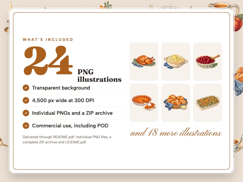 What's included: 24 PNG illustrations. Transparent background, 4,500 px wide at 300 DPI, individual PNGs and a ZIP archive, commercial use, including POD. Previews of the first 6 illustrations, with 18 more in the set.