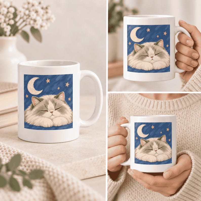 Three white mug mockups featuring a sleeping cat beneath a crescent moon and stars.