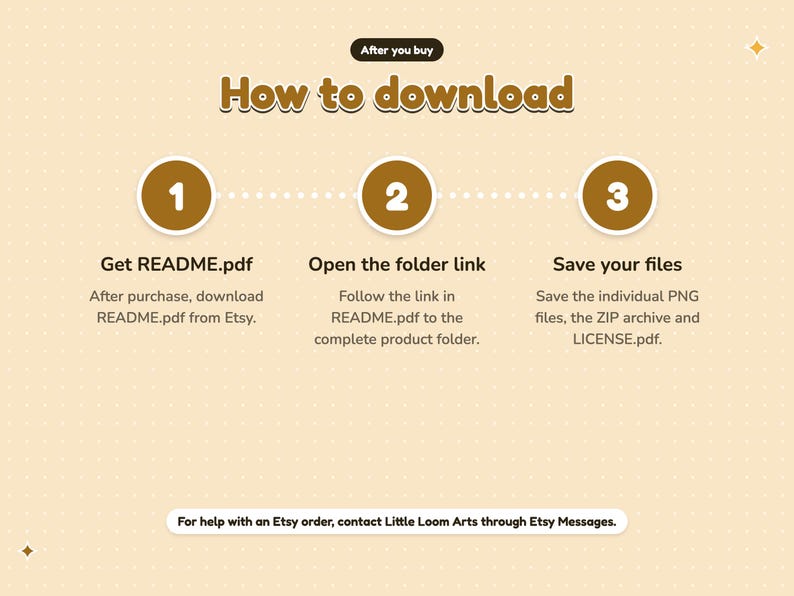 How to download after purchase: 1. Get README.pdf. 2. Open the folder link. 3. Save your files. For help with an Etsy order, contact Little Loom Arts through Etsy Messages.
