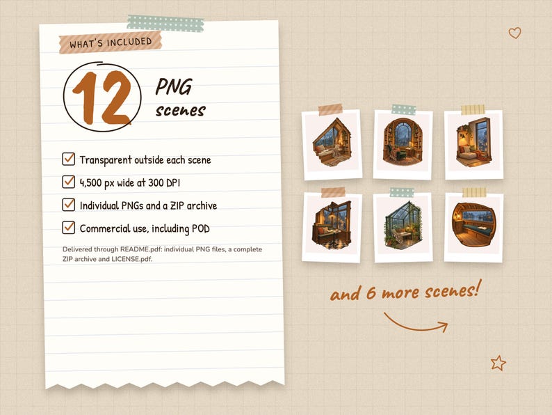 What's included: 12 PNG scenes. Transparent outside each scene, 4,500 px wide at 300 DPI, individual PNGs and a ZIP archive, commercial use, including POD. Previews of the first 6 scenes, with 6 more in the set.