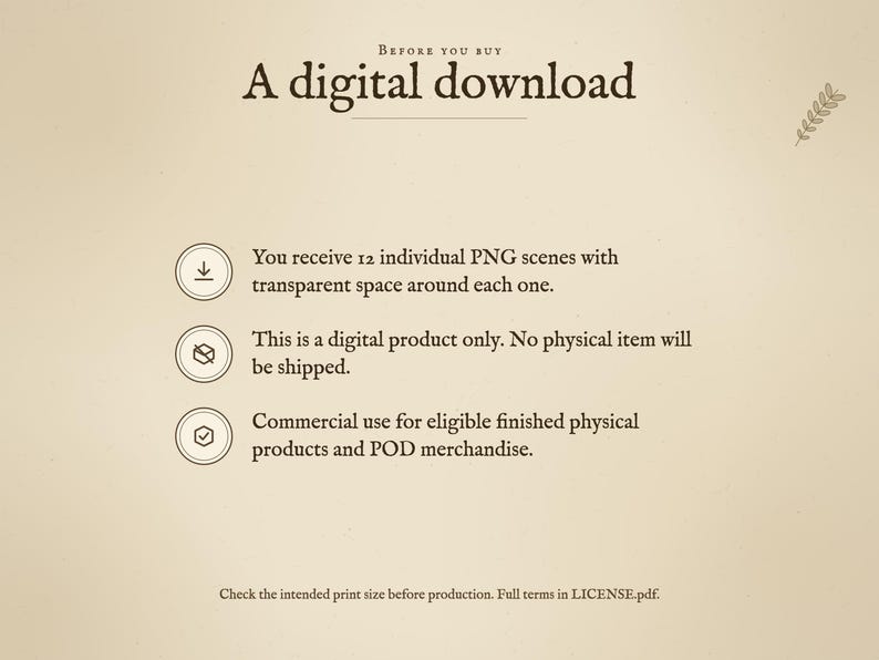 Digital download notice. You receive 12 individual PNG scenes with transparent space around each one. This is a digital product only. No physical item will be shipped. Commercial use for eligible finished physical products and POD merchandise.