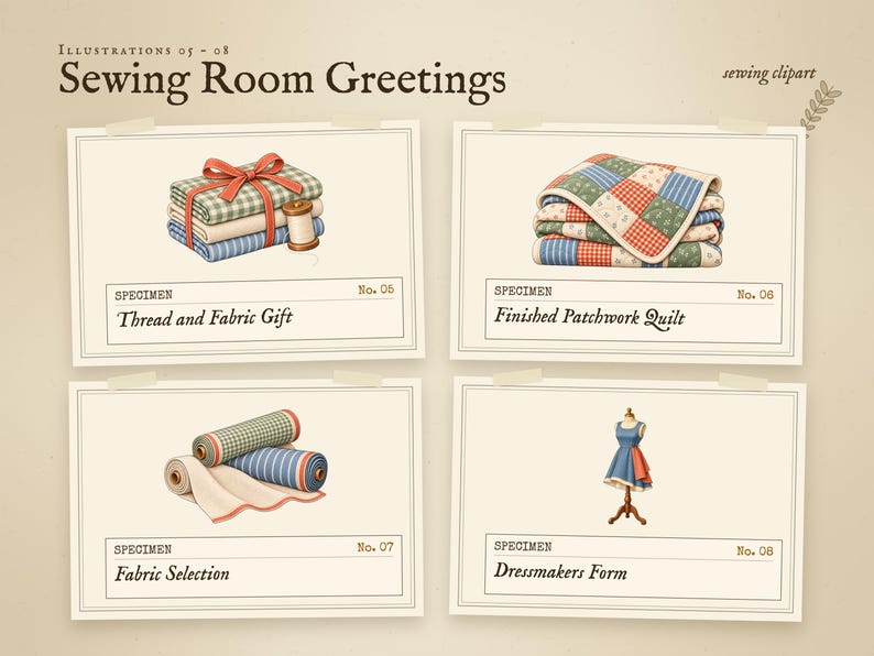 Illustrations 05 to 08 of 16 from the Sewing Room Greetings set: 05 Thread and Fabric Gift, 06 Finished Patchwork Quilt, 07 Fabric Selection, and 08 Dressmakers Form.
