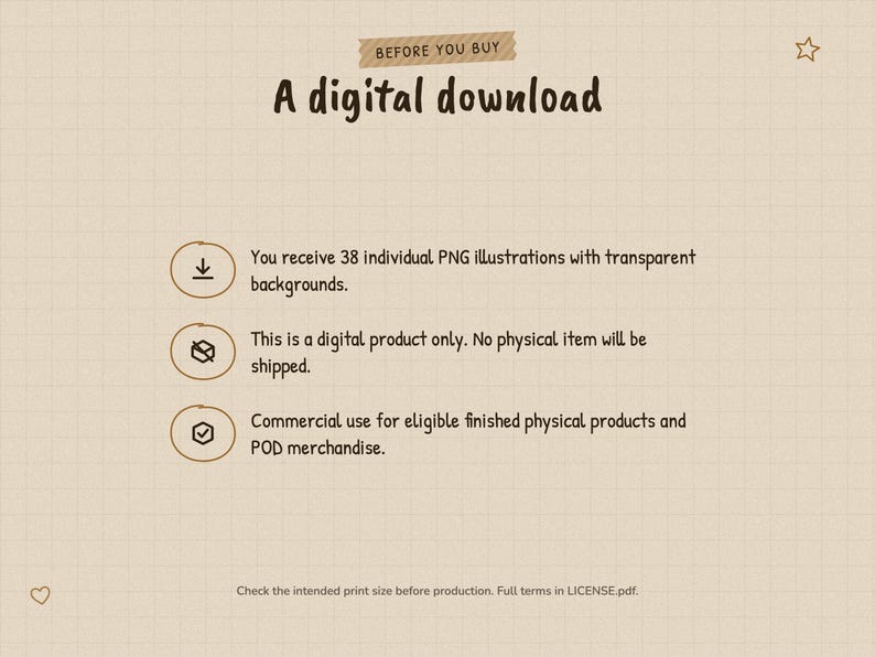 Digital download notice. You receive 38 individual PNG illustrations with transparent backgrounds. This is a digital product only. No physical item will be shipped. Commercial use for eligible finished physical products and POD merchandise.