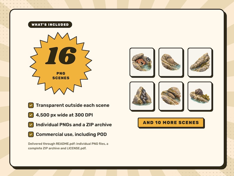 What's included: 16 PNG scenes. Transparent outside each scene, 4,500 px wide at 300 DPI, individual PNGs and a ZIP archive, commercial use, including POD. Previews of the first 6 scenes, with 10 more in the set.