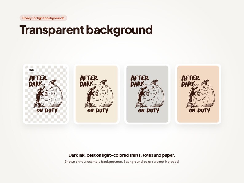 Design 01 After Dark Pumpkin Caretaker on a checkerboard and on cream, light gray and peach backgrounds, showing the transparent PNG background. Dark ink, best on light-colored shirts, totes and paper. Background colors are not included.