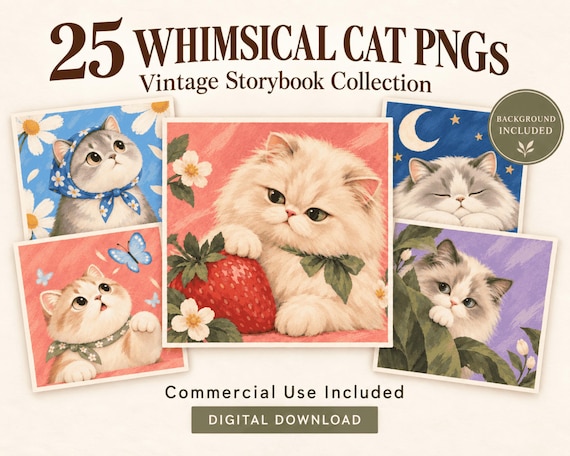 Whimsical Storybook Cats: Whimsical Cat PNG Bundle: 25 Vintage Storybook Illustrations with Painted Backgrounds