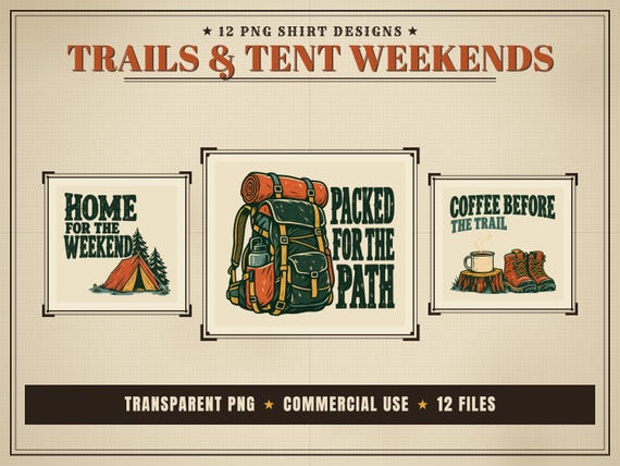 Trails & Tent Weekends: Retro Camping PNG Bundle: 12 Hiking Graphics with Vintage Lettering