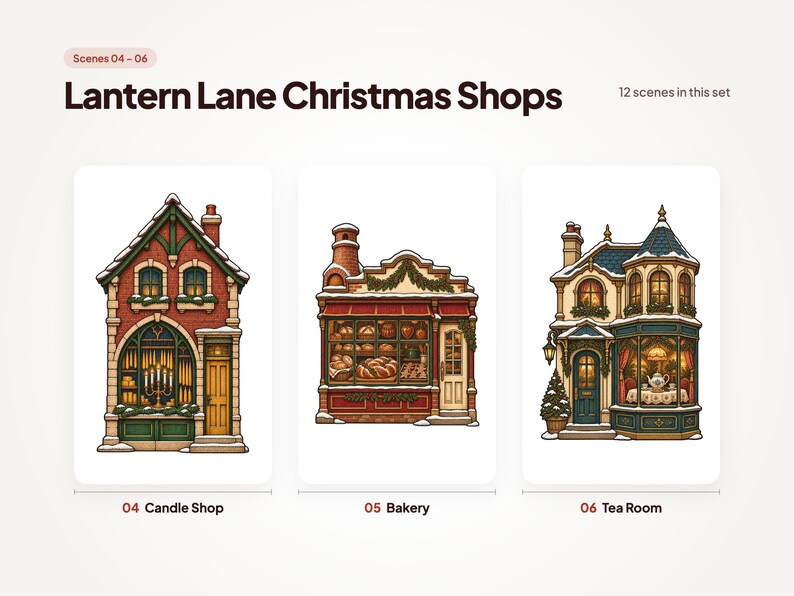 Scenes 04 to 06 of 12 from the Lantern Lane Christmas Shops set: 04 Candle Shop, 05 Bakery, and 06 Tea Room.
