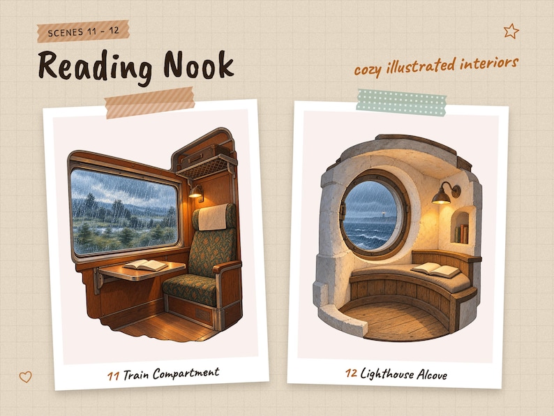 Scenes 11 to 12 of 12 from the Reading Nook set: 11 Train Compartment and 12 Lighthouse Alcove.