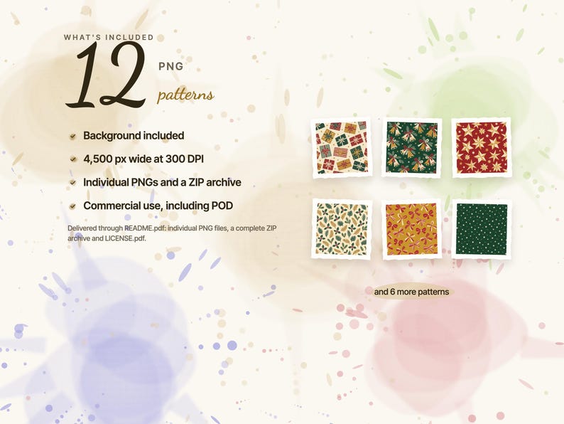 What's included: 12 PNG patterns. Background included, 4,500 px wide at 300 DPI, individual PNGs and a ZIP archive, commercial use, including POD. Previews of the first 6 patterns, with 6 more in the set.