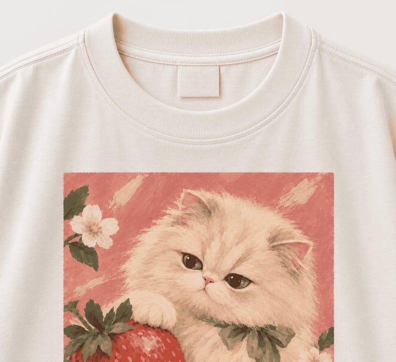 Close-up of the fluffy cream cat and strawberry illustration printed on a cream T-shirt.