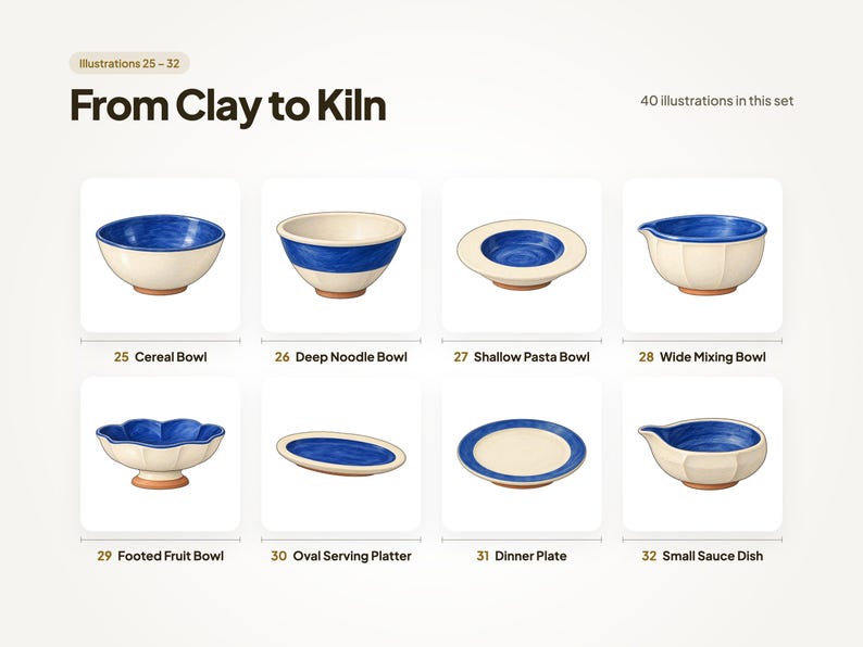 Illustrations 25 to 32 of 40 from the From Clay to Kiln set: 25 Cereal Bowl, 26 Deep Noodle Bowl, 27 Shallow Pasta Bowl, 28 Wide Mixing Bowl, 29 Footed Fruit Bowl, 30 Oval Serving Platter, 31 Dinner Plate, and 32 Small Sauce Dish.