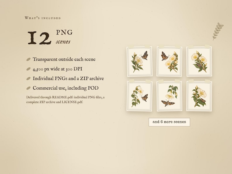What's included: 12 PNG scenes. Transparent outside each scene, 4,500 px wide at 300 DPI, individual PNGs and a ZIP archive, commercial use, including POD. Previews of the first 6 scenes, with 6 more in the set.