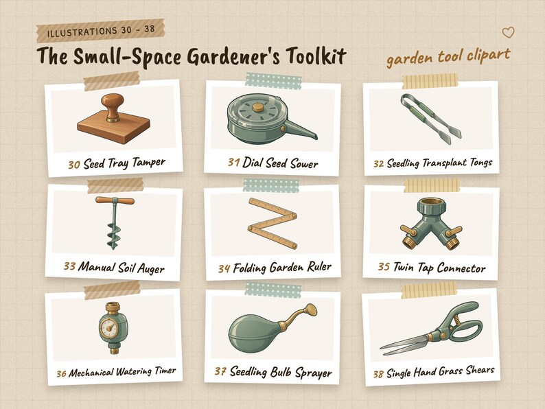 Illustrations 30 to 38 of 38 from the The Small-Space Gardener's Toolkit set: 30 Seed Tray Tamper, 31 Dial Seed Sower, 32 Seedling Transplant Tongs, 33 Manual Soil Auger, 34 Folding Garden Ruler, 35 Twin Tap Connector and 3 more.