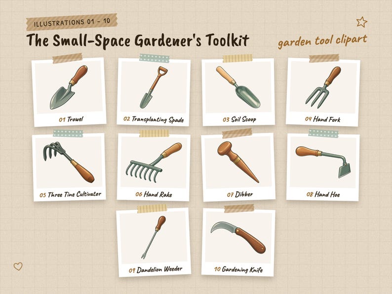 Illustrations 01 to 10 of 38 from the The Small-Space Gardener's Toolkit set: 01 Trowel, 02 Transplanting Spade, 03 Soil Scoop, 04 Hand Fork, 05 Three Tine Cultivator, 06 Hand Rake, 07 Dibber, 08 Hand Hoe, 09 Dandelion Weeder, and 10 Gardening Knife.