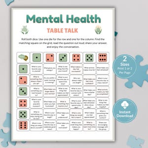Könnte beinhalten: Ein Mental Health Table Talk Spielblatt mit einem Raster, Würfelsymbolen und Gesprächsfragen. Das Dokument enthält Anweisungen zum Würfeln, um Fragen auszuwählen, sowie Textbeschriftungen für 2 sizes und instant download.