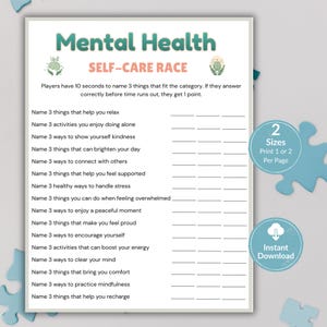 Pode incluir: Uma folha de jogo Mental Health Self-Care Race com uma lista de sugestões para nomear três coisas por categoria. O documento apresenta texto em verde-azulado e pêssego, ícones de cérebro e dois emblemas azuis em forma de peça de puzzle.