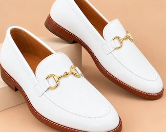 Mocassins blancs à mors, chaussures en cuir à enfiler, ballerines à boucle dorée, chaussures élégantes et minimalistes