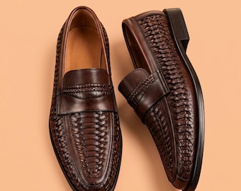 Brown Woven Leather Loafers, Braided Penny Slip-On Dress Shoes, Classic Luxury Formal Footwear