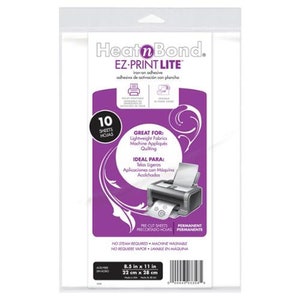 May include: A package of HeatnBond EZ-PRINT LITE iron-on adhesive sheets. The package features a purple and white design with text indicating the sheets are 8.5 x 11 inches. The product is designed for lightweight fabrics, machine appliqués, and quilting.