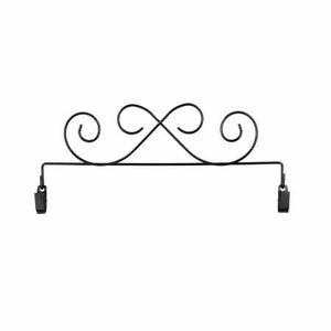 May include: Black metal curtain rod with decorative scrollwork ends and two black clips.