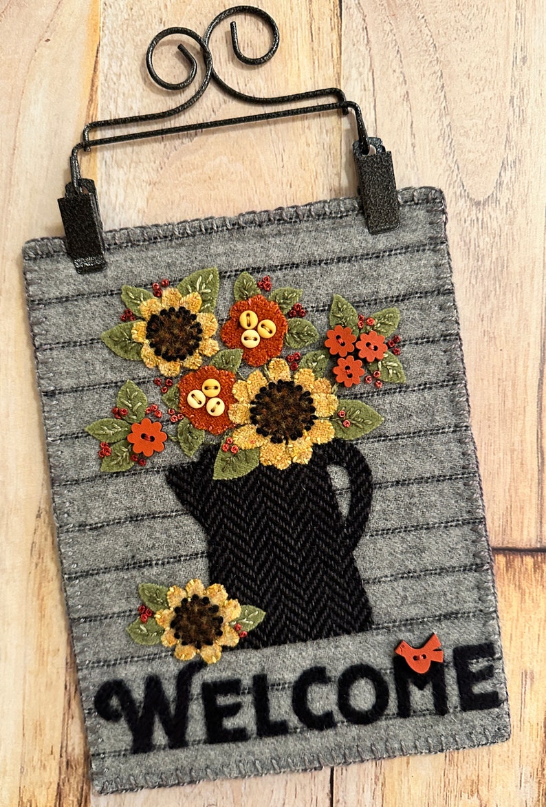 Wellcome Pitcher WELCOME! -- Wool Applique Kit or Thread Pack or Clipboard Hanger -- or ...