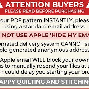 Op de afbeelding: Een rechthoekige informatieve afbeelding met een rode koptekst met de tekst ATTENTION BUYERS PLEASE READ BEFORE PURCHASING. De tekst instrueert gebruikers om een standaard e-mailadres te gebruiken en Apple HIDE MY EMAIL te vermijden.
