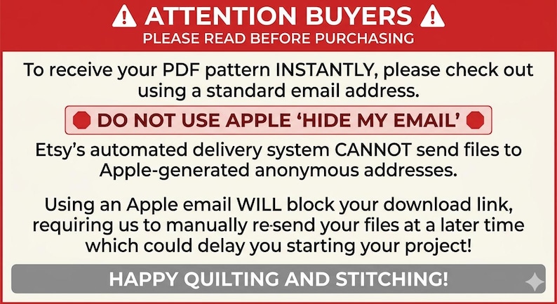 Op de afbeelding: Een rechthoekige informatieve afbeelding met een rode koptekst met de tekst ATTENTION BUYERS PLEASE READ BEFORE PURCHASING. De tekst instrueert gebruikers om een standaard e-mailadres te gebruiken en Apple HIDE MY EMAIL te vermijden.