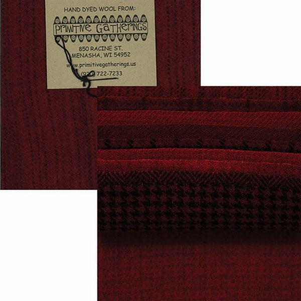 Primitive Gatherings Hand Dyed Wool Christmas Reds Charm Pack 10 5-inch Squares