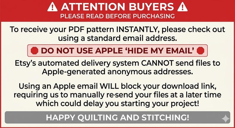 Puede incluir: Un gr&aacute;fico informativo rectangular con un encabezado rojo que dice ATTENTION BUYERS PLEASE READ BEFORE PURCHASING. El texto indica a los usuarios que utilicen una direcci&oacute;n de correo electr&oacute;nico est&aacute;ndar y eviten Apple HIDE MY EMAIL.
