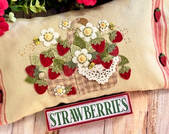 Strawberry Basket -- wool applique kit, pattern with or without: pillow insert, thread pack