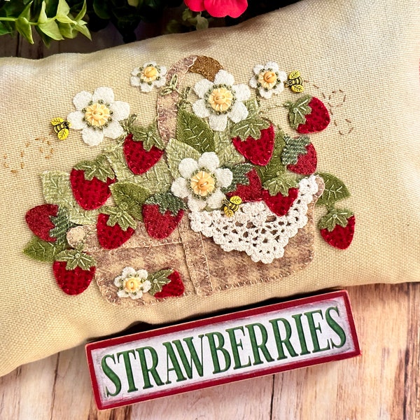 Strawberry Basket -- wool applique kit, pattern with or without: pillow insert, thread pack