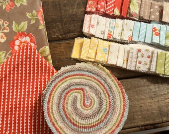 Stitched by Fig Tree Quilts for Moda Fabrics - 1 pre-cut honey bun - 1 yard brown floral fabric - 1/2 yard red stripe