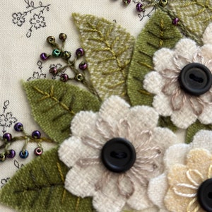 MAY BOUQUET Wool applique Kit or Thread pack or both kit includes buttons, beads, twine, ric rac, wool, fabric and full color pattern image 4